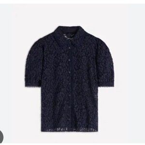 Boden Shirt Womens 8 Blue Lace Floral Button Front Puff Sleeve Top Blouse